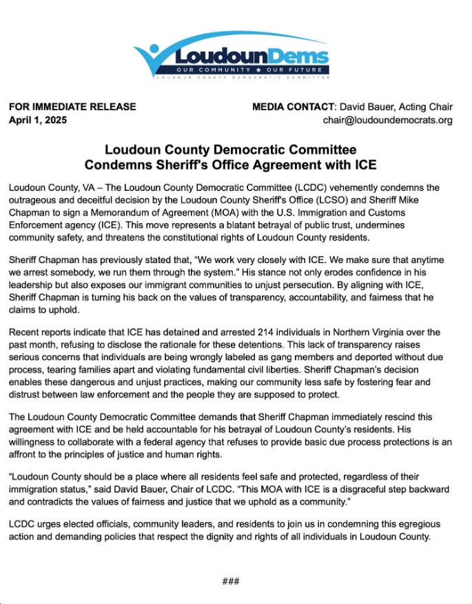 Loudoun Democrats demand the Sheriff’s Office Stop Following the Law