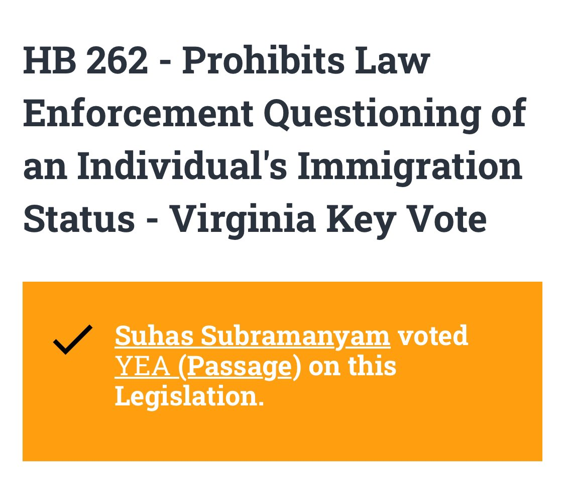 Suhas Subramanyam Voted to STOP Police Officers from Questioning Immigration Status @SuhasforVA